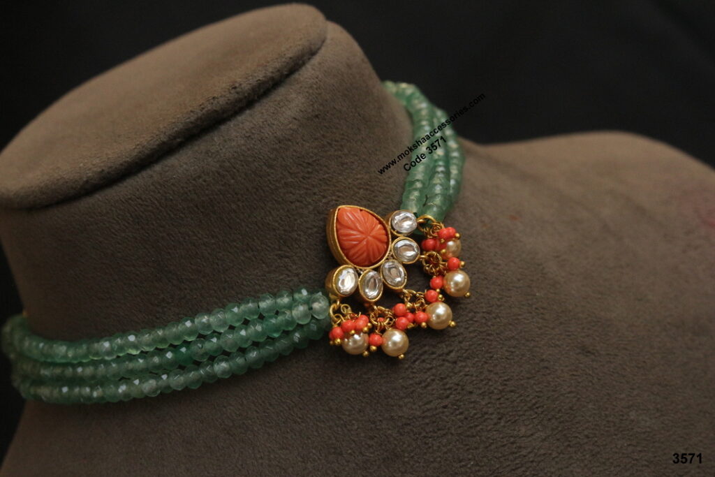 Coral pendant with emerald beads Moksha Accessories