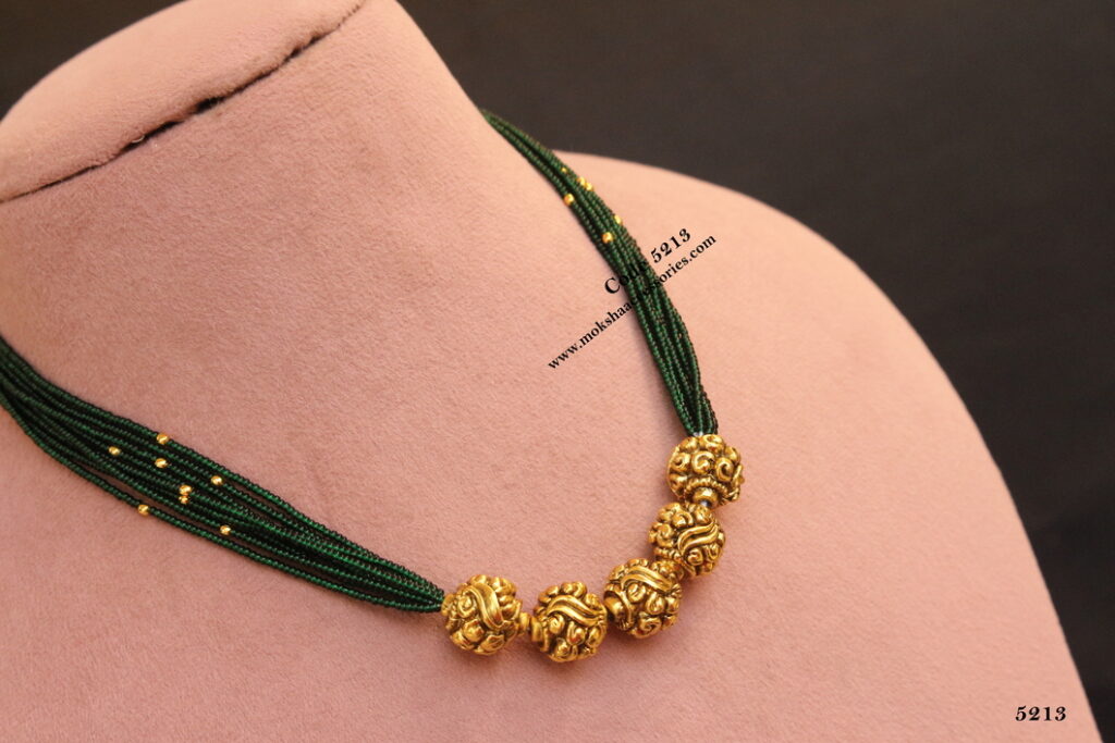 Antique balls with green and gold balls mala – Moksha Accessories