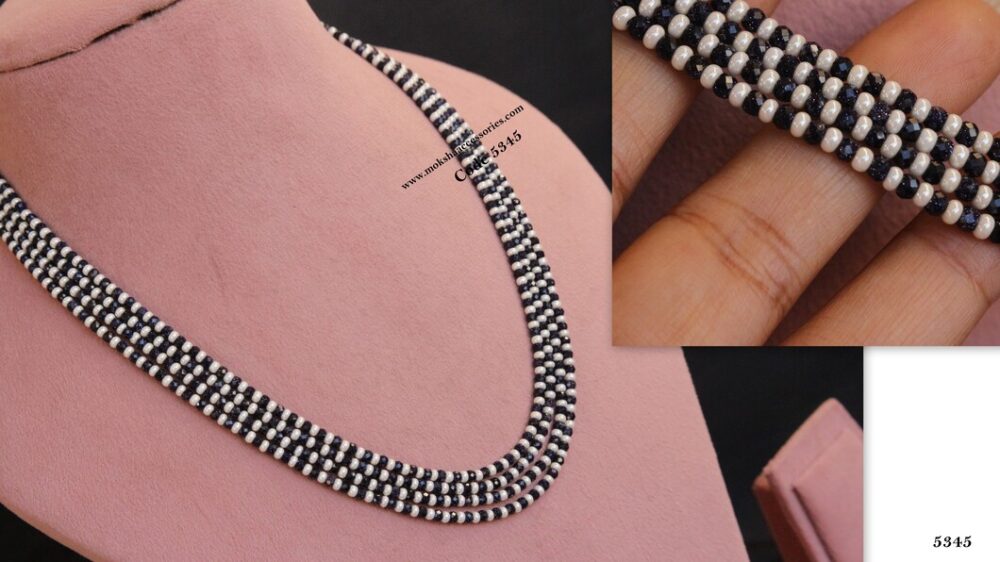 Navy blue moonstone beads with pearl mala