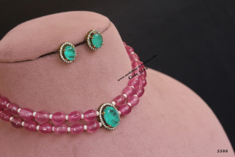 CZ pendant set with pink onyx beads choker set
