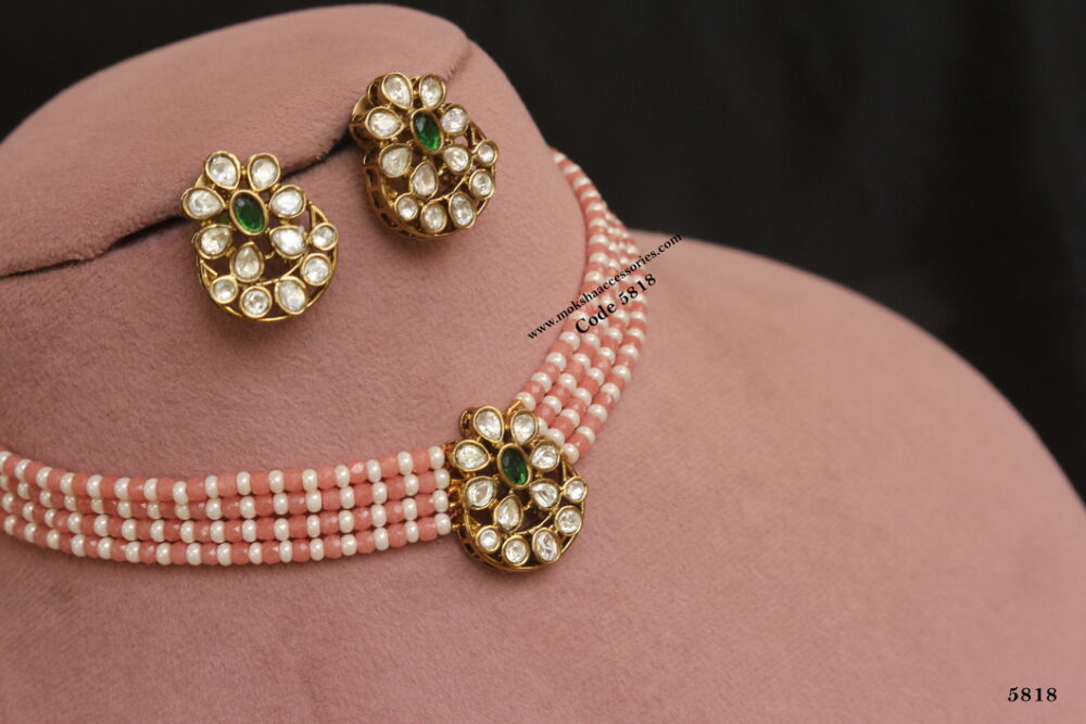 CZ pendant set with moonstone coral beads choker set