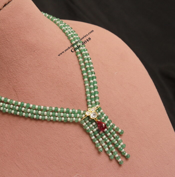 CZ pendant with emerald beads and pearl chain