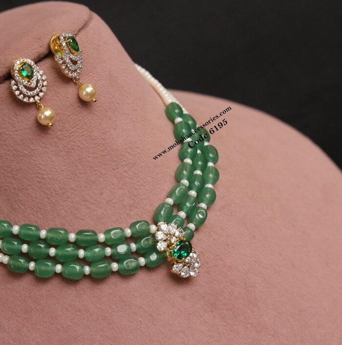 CZ pendant set with emerald beads choker