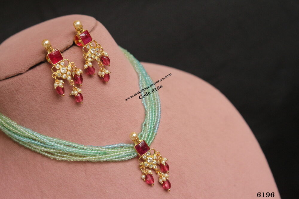 CZ ruby pendant set with sugar beads choker