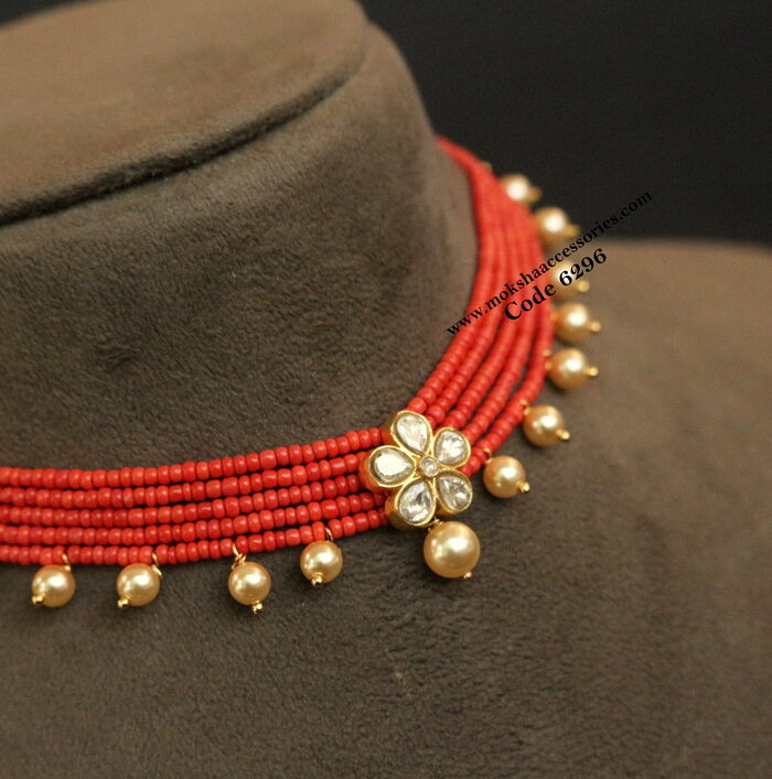 Jadaukundan pendant with real coral and sarvoski pearl