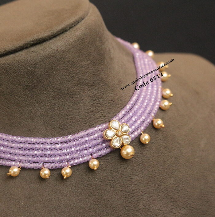 Jadaukundan pendant with real cz beads and sarvoski pearl choker