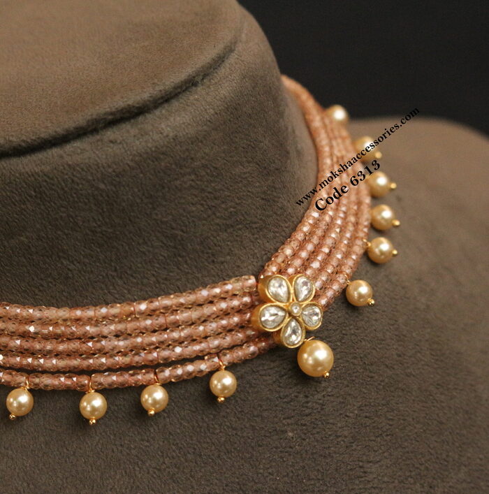 Jadaukundan pendant with real cz beads and sarvoski pearl choker