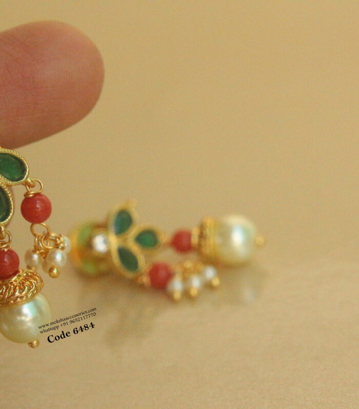 Emerald studs with coral and pearl drops
