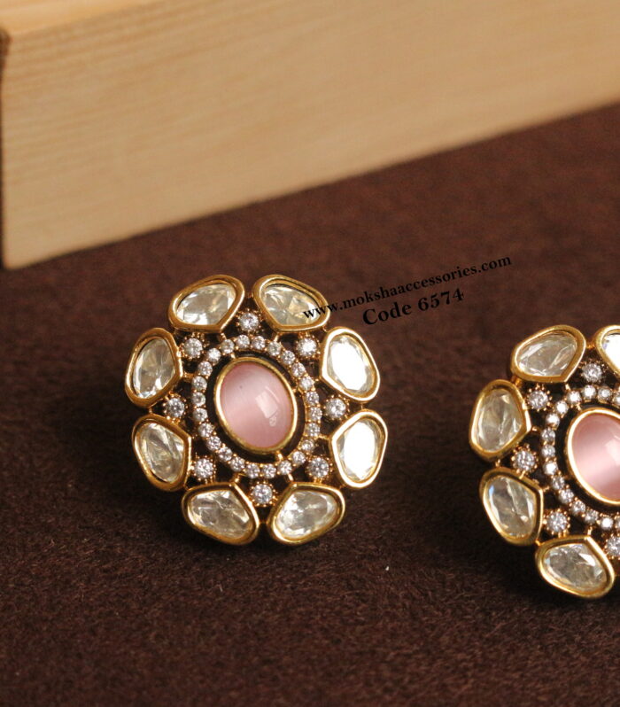 White and pink kundan studs