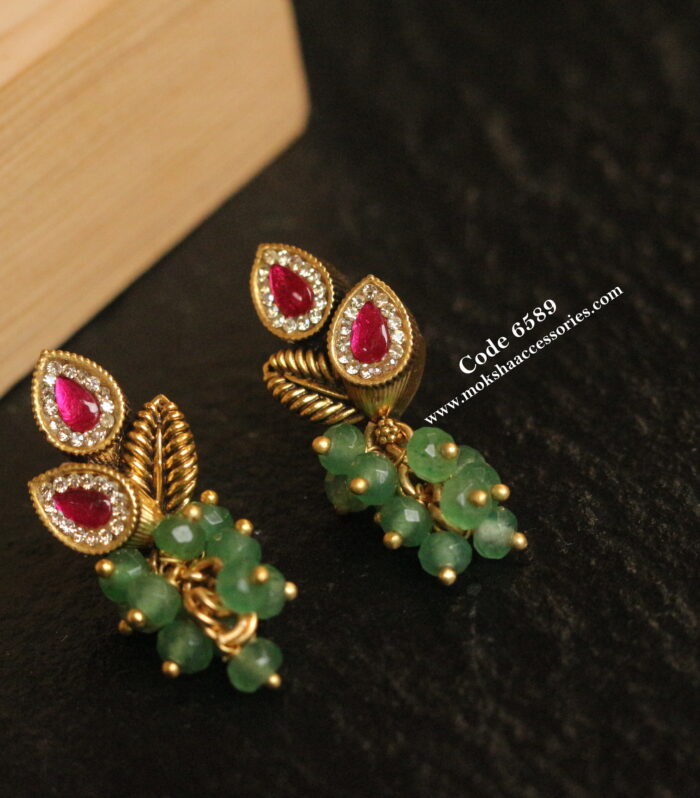 Ruby and cz stone studs with emerald drops