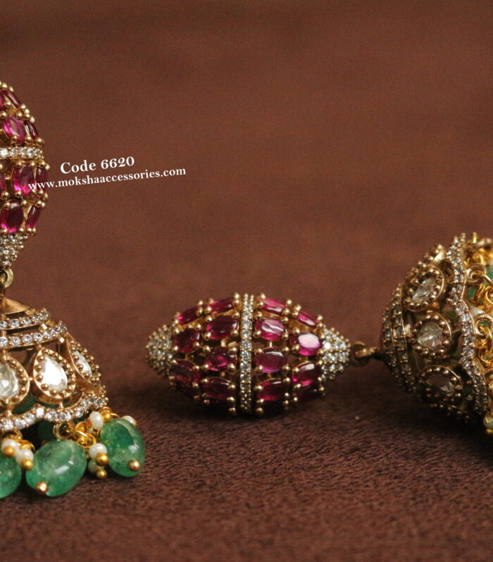 Ruby and mozonite stone jhumki with emerald and pearl drops