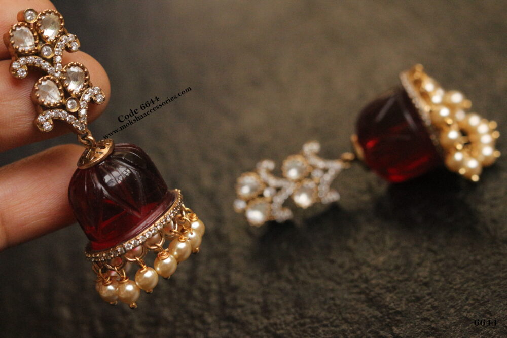 Glass jhumki  with mozonite stone studs