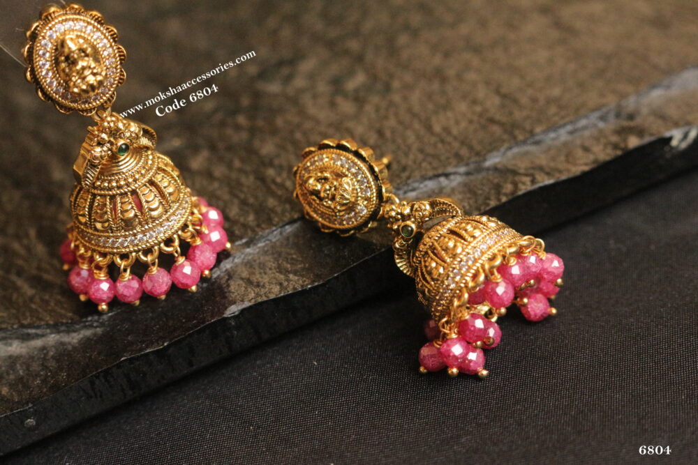 Gold Laskhmi devi jhumki with real cz pink crush beads