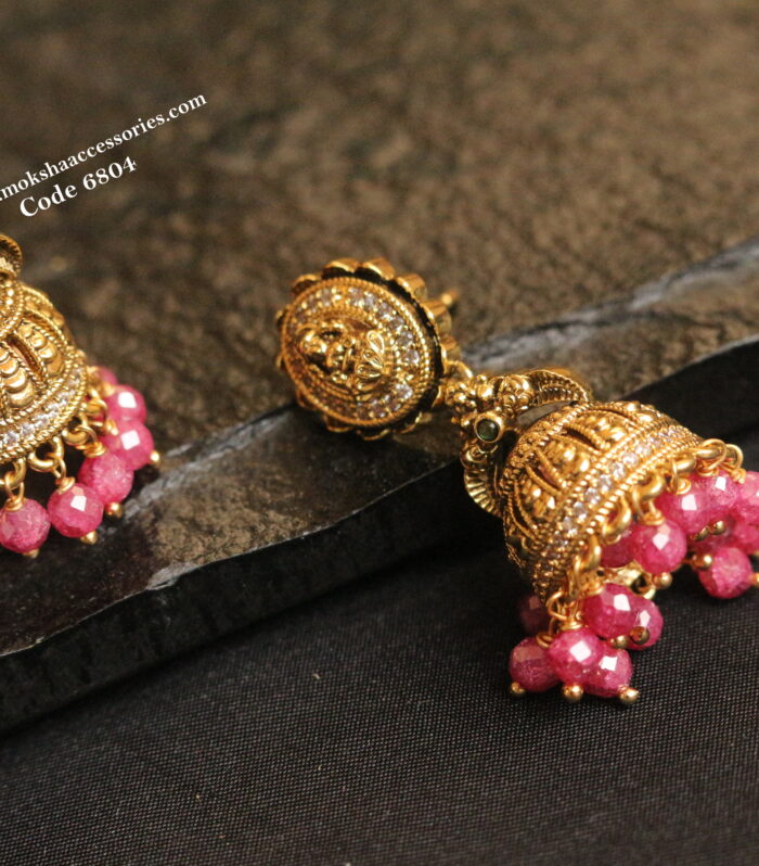 Gold Laskhmi devi jhumki with real cz pink crush beads