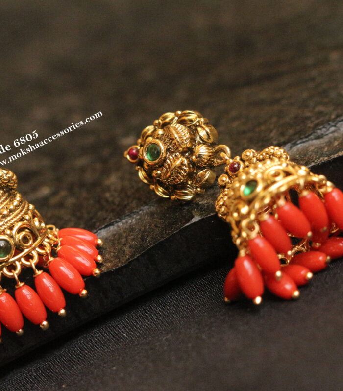 Antique gold jhumi with coral drops