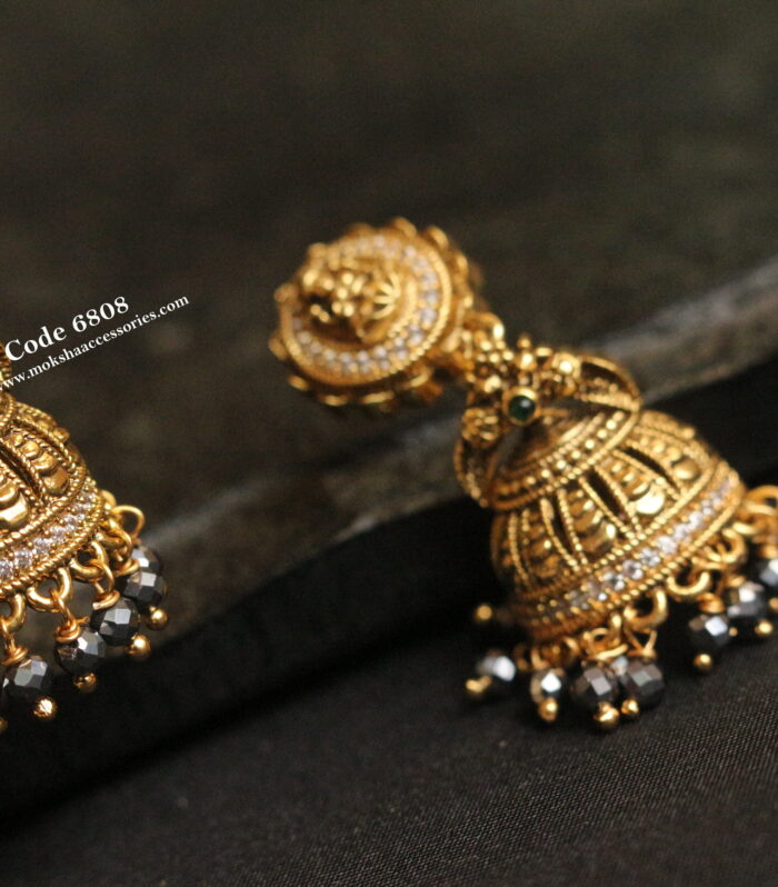 Gold Laskhmi devi jhumki with black diamond beads