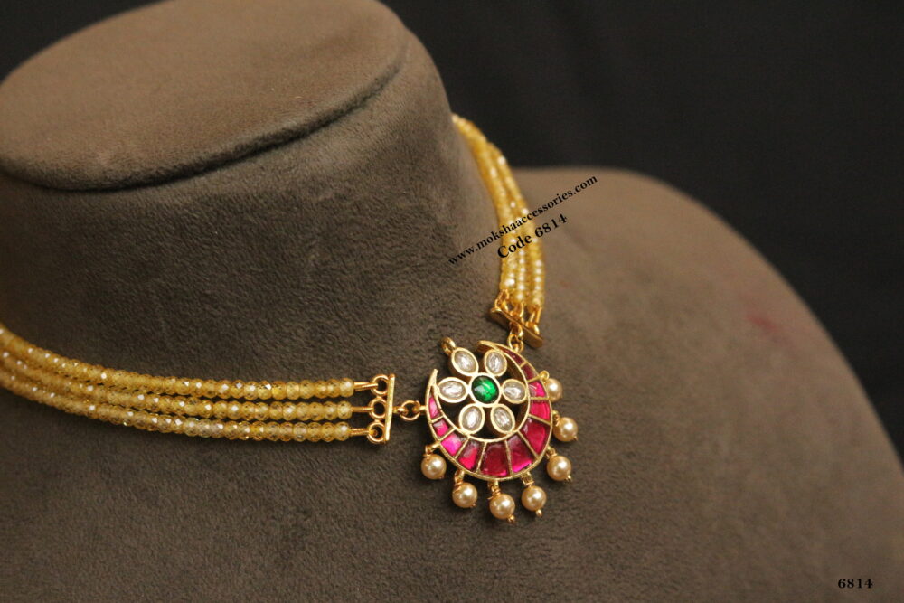 Jadaukundan pendant with real cz beads and sarvoski pearl