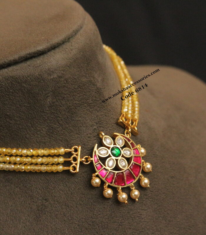 Jadaukundan pendant with real cz beads and sarvoski pearl