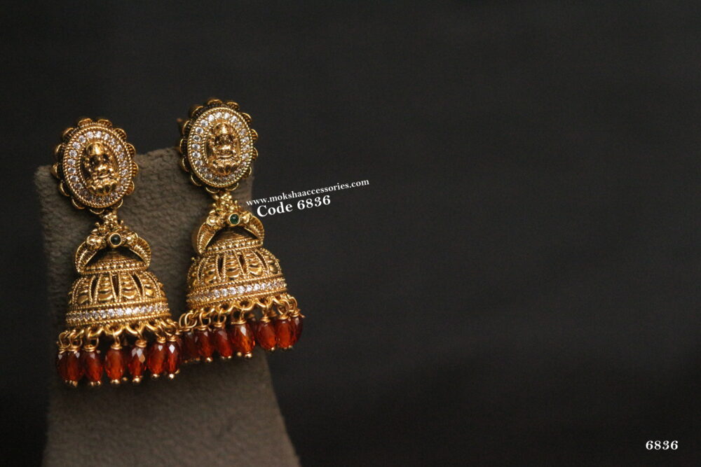 Laskhmi gold jhumki with rice real cz coral beads