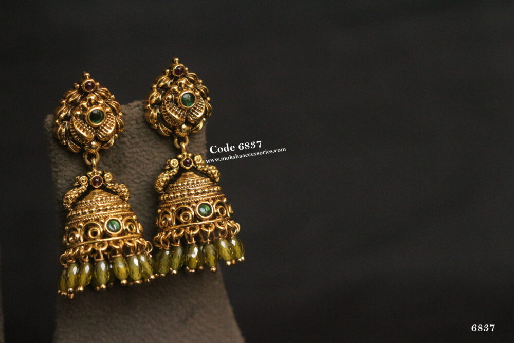 Antique gold jhumki with real rice cz beads