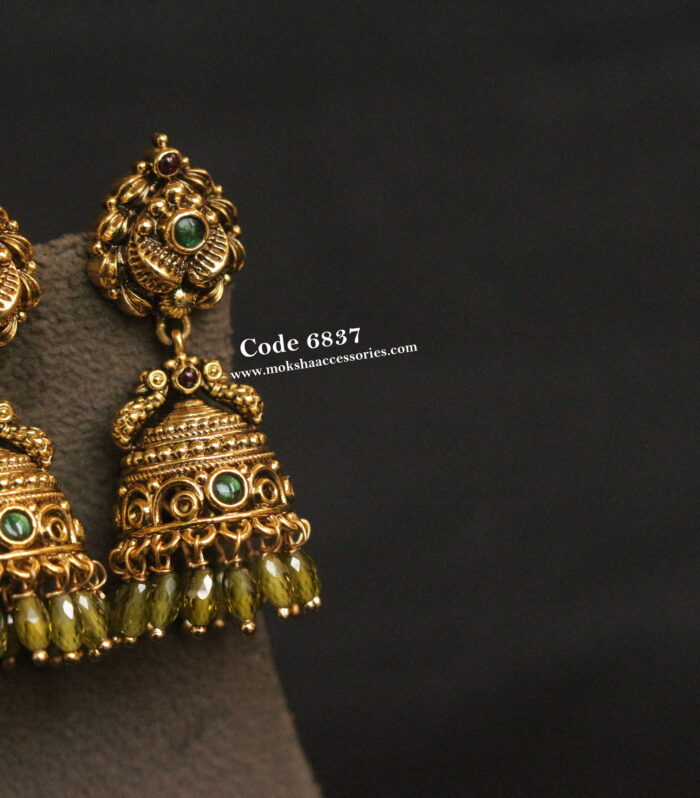 Antique gold jhumki with real rice cz beads