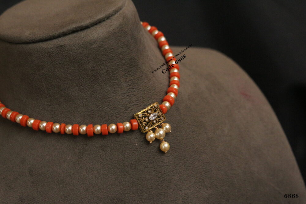 Antique gold pendant with real coral and sarvoski pearl choker