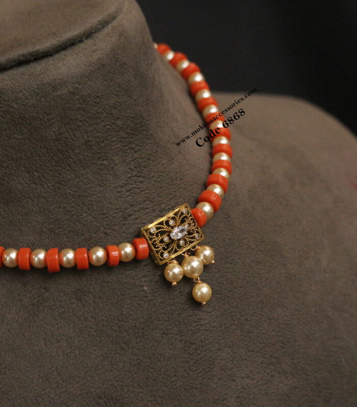 Antique gold pendant with real coral and sarvoski pearl choker