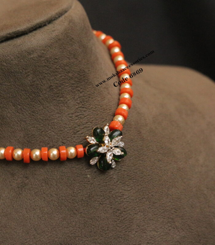 CZ pendant choker with real coral and sarvoski pearl