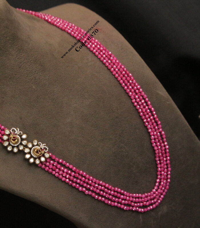 Peacock mozonite stone pendant with pink crush beads
