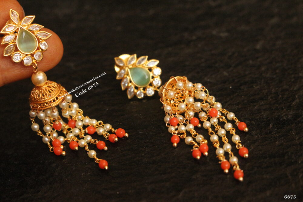 CZ jhumki with coral and pearl chain