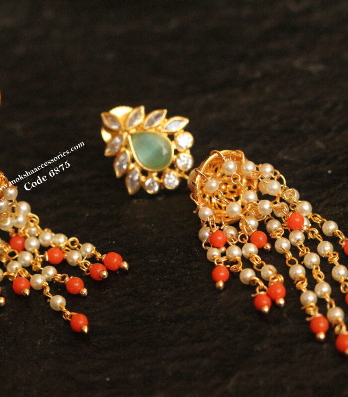 CZ jhumki with coral and pearl chain