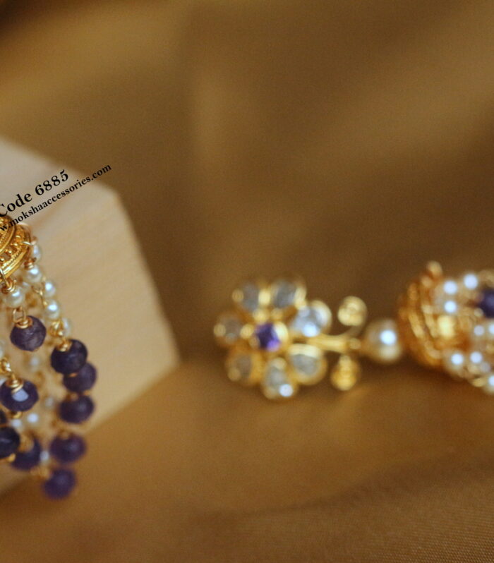 CZ stud jhumki with purple beads and pearl chain