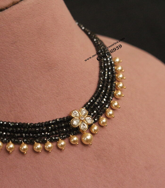 Jadaukundan pendant with real cz black beads and sarvoski pearl drops