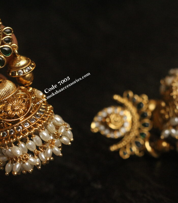 Antique gold jhumki with rice pearl