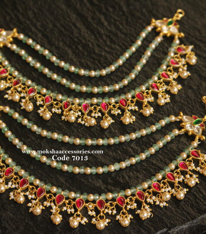 Jadaukundan ear chains with emerald beads and sarvoski pearl