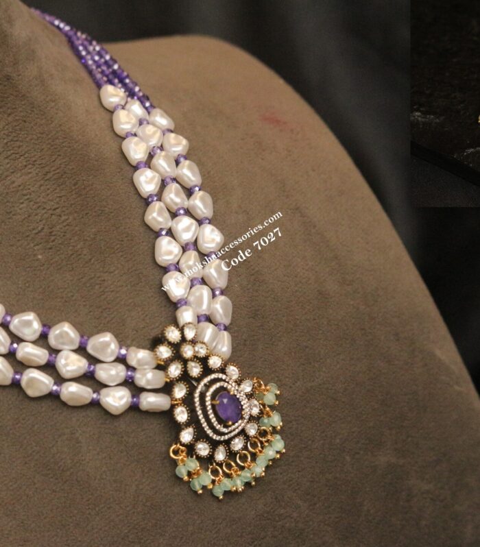 Mozonite stone pendant set with real cz purple beads and pearls