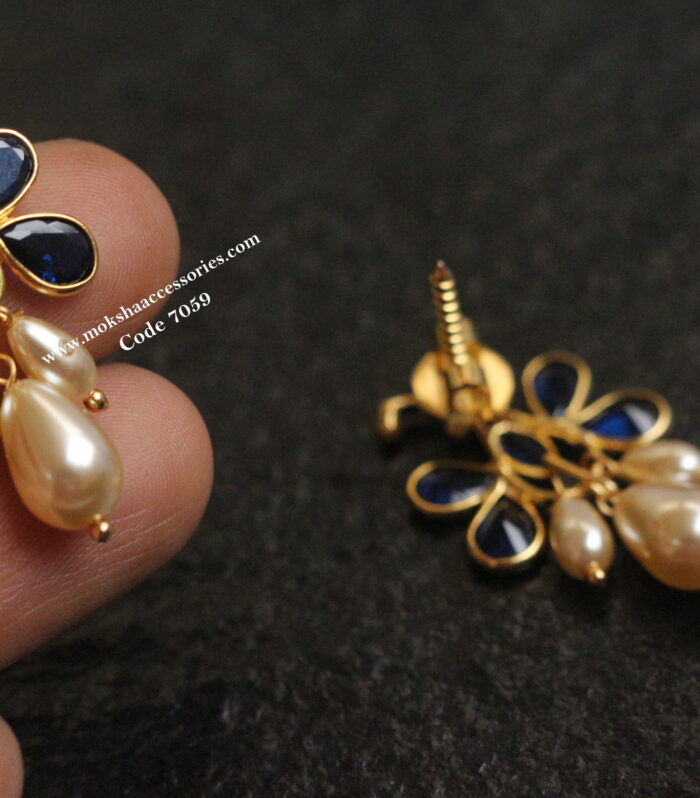 CZ blue stone earrings with sarvoski pearl drops