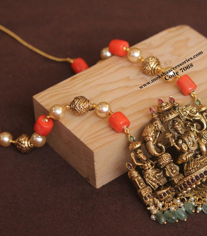 Antique lakshmi devi pendant with real coral antique gold balls mala