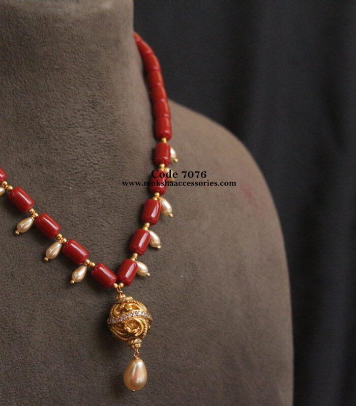 Coral beads with antique gold balls and real sarvoski pearl drops