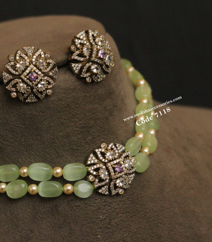 Mozonite stone choker set with green monalisa beads