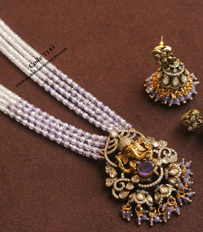 Ganesh pendant set with real cz beads mala