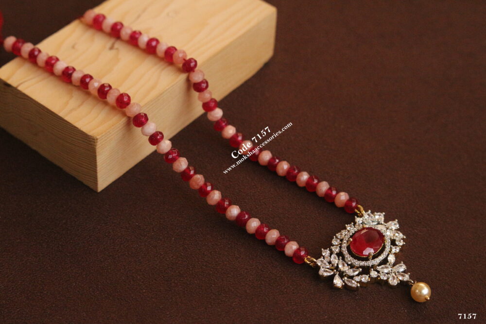 CZ ruby stone pendant with ruby and pearl chain