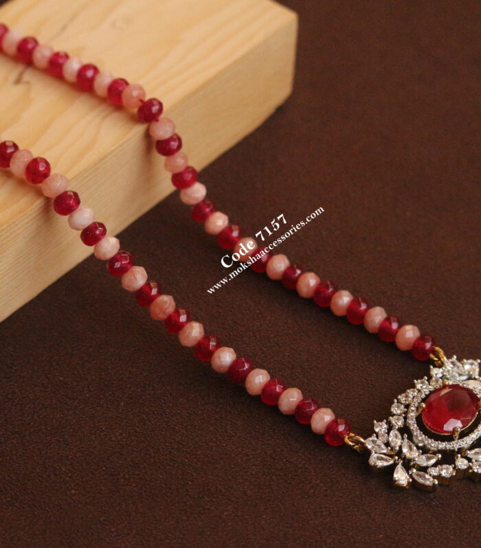 CZ ruby stone pendant with ruby and pearl chain