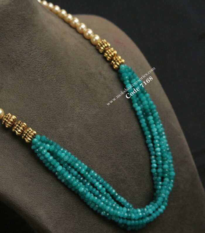 Blue beads with antique gold balls and sarvoski pearls