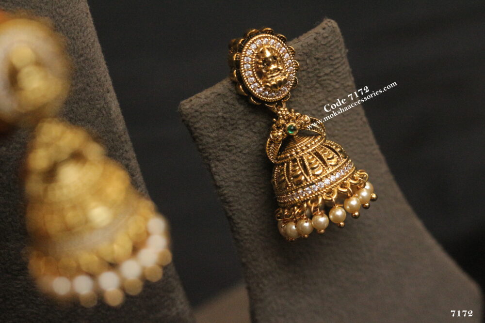 Gold lakshmi devi jhumki with sarvoski pearls