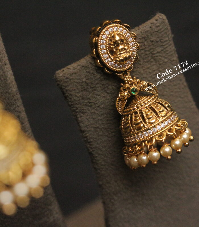 Gold lakshmi devi jhumki with sarvoski pearls