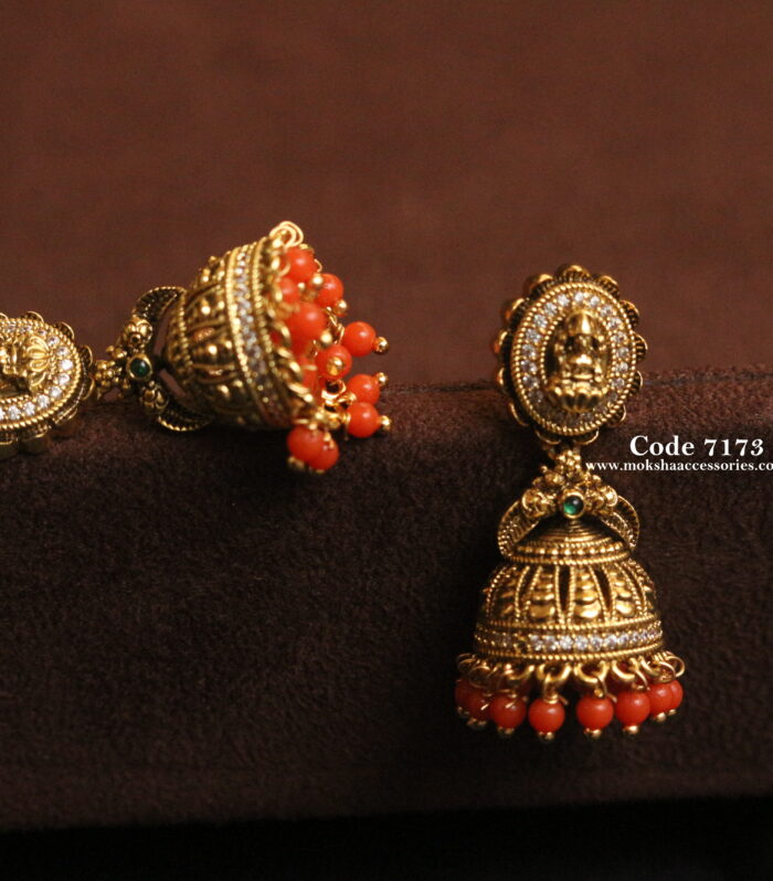 Gold lakshmi devi jhumki with sarvoski pearls