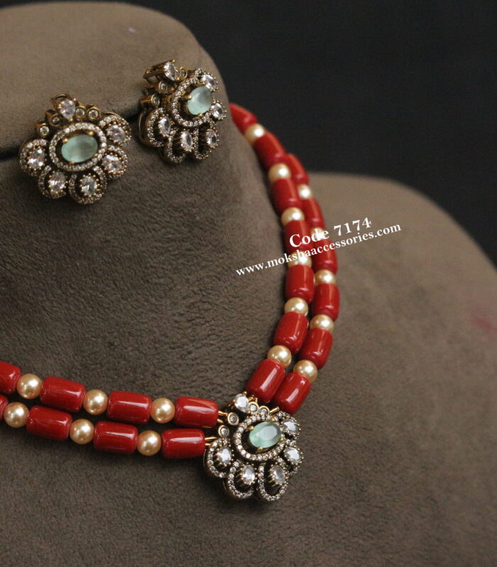 Antique gold pendant choker set with coral and sarvoski pearls
