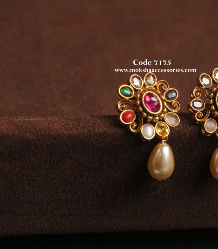 Navratan studs with pearl drops