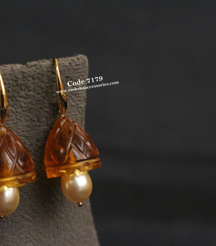 Glass gold yellow jhumki with pearl drops